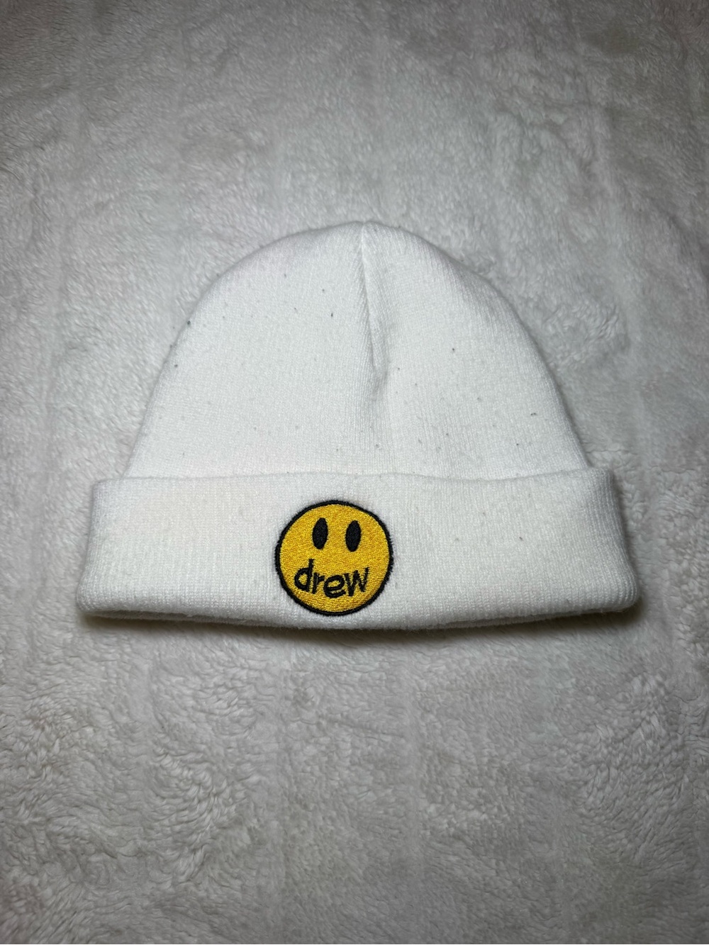 drew house Kids White Beanie with Yellow Smiley Patch